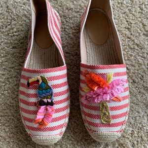 JCREW Red Stripe Espadrilles Raffia Parrot Palm Tree Flats